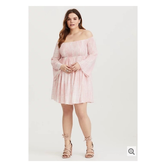 torrid Dresses & Skirts - Torrid Pink&White Tie Dye Smocked Off the Shoulder Mini Dress Sz.3